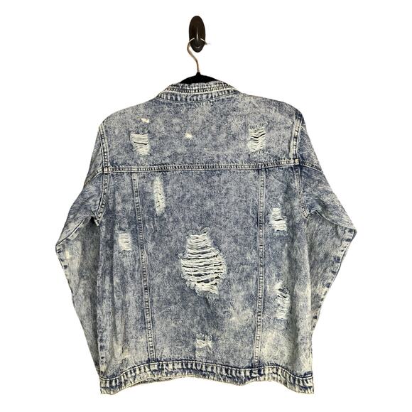 Bibi Blue Jean Acid Wash Distressed Long Sleeve Button Up Denim Jacket Size M - Picture 2 of 6